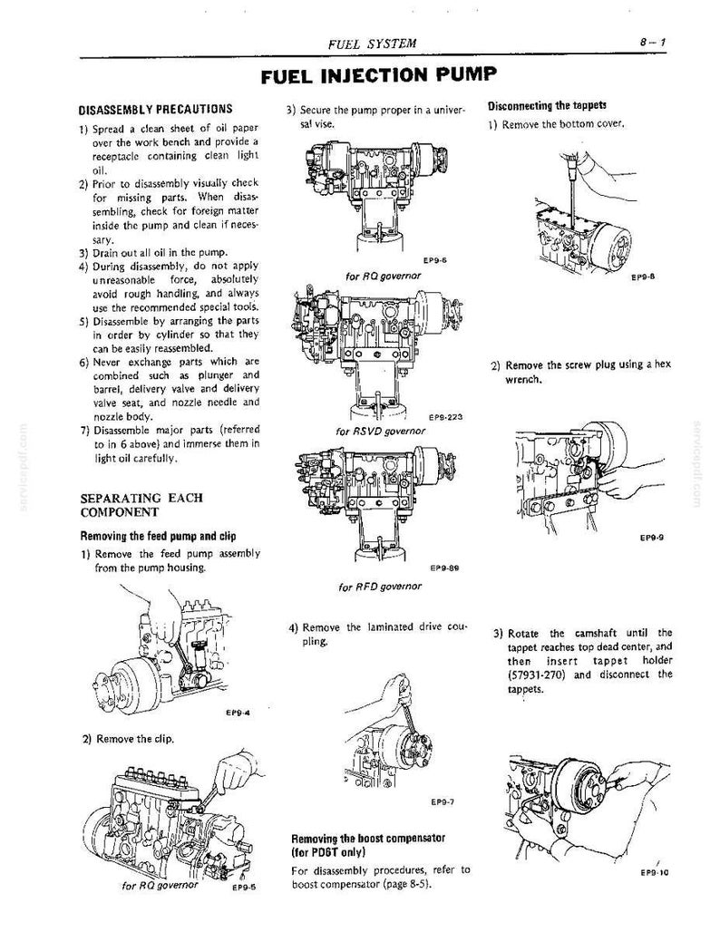 May include: A technical manual page titled FUEL SYSTEM 8-1, detailing the disassembly of a fuel injection pump. It features black and white line drawings of the pump with RQ, RSVD, and RFD governors, alongside step-by-step instructions for maintenance.