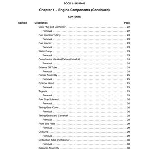 Pode incluir: Uma p&aacute;gina de um manual intitulada "SECTION 10 - ENGINE" com um &iacute;ndice de componentes do motor. A tabela lista se&ccedil;&otilde;es como "Glow Plug and Connector", "Fuel Injection Tubing" e "Water Pump".