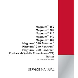 Puede incluir: Un manual de servicio con un dise&ntilde;o rojo y blanco. El texto incluye modelos de tractores "Magnum", "Transmisi&oacute;n Variable Continua (CVT)" y "MANUAL DE SERVICIO". El logotipo de Case IH Agriculture est&aacute; en la esquina inferior derecha.
