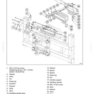 May include: Diagram of a backhoe attachment, labeled "DISASSEMBLY AND ASSEMBLY." The image includes detailed illustrations of various components such as screws, washers, plates, pins, and cylinders, with corresponding numerical labels.