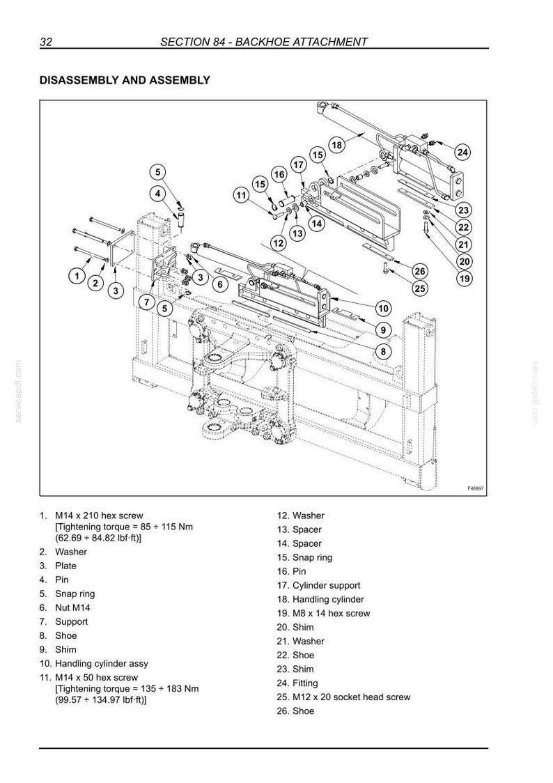 May include: Diagram of a backhoe attachment, labeled "DISASSEMBLY AND ASSEMBLY." The image includes detailed illustrations of various components such as screws, washers, plates, pins, and cylinders, with corresponding numerical labels.