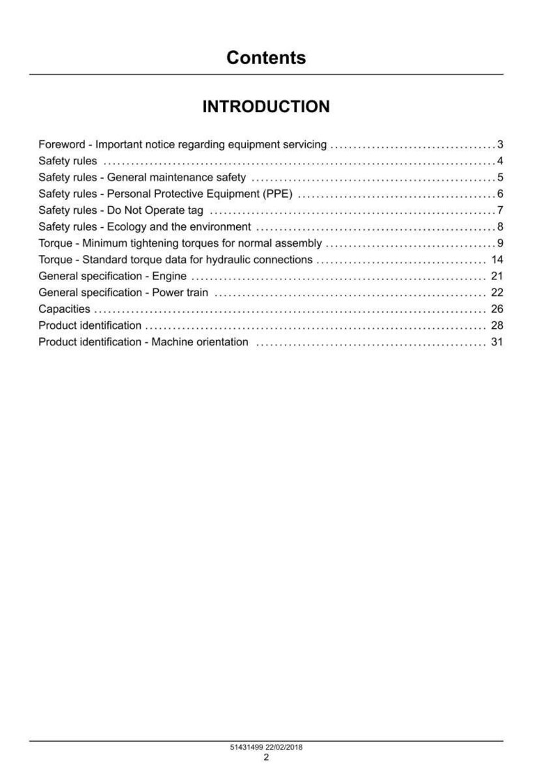 May include: A page from a manual titled "Contents" and "Introduction." The table of contents lists topics including safety rules, torque data, and product identification. The page is white with black text.