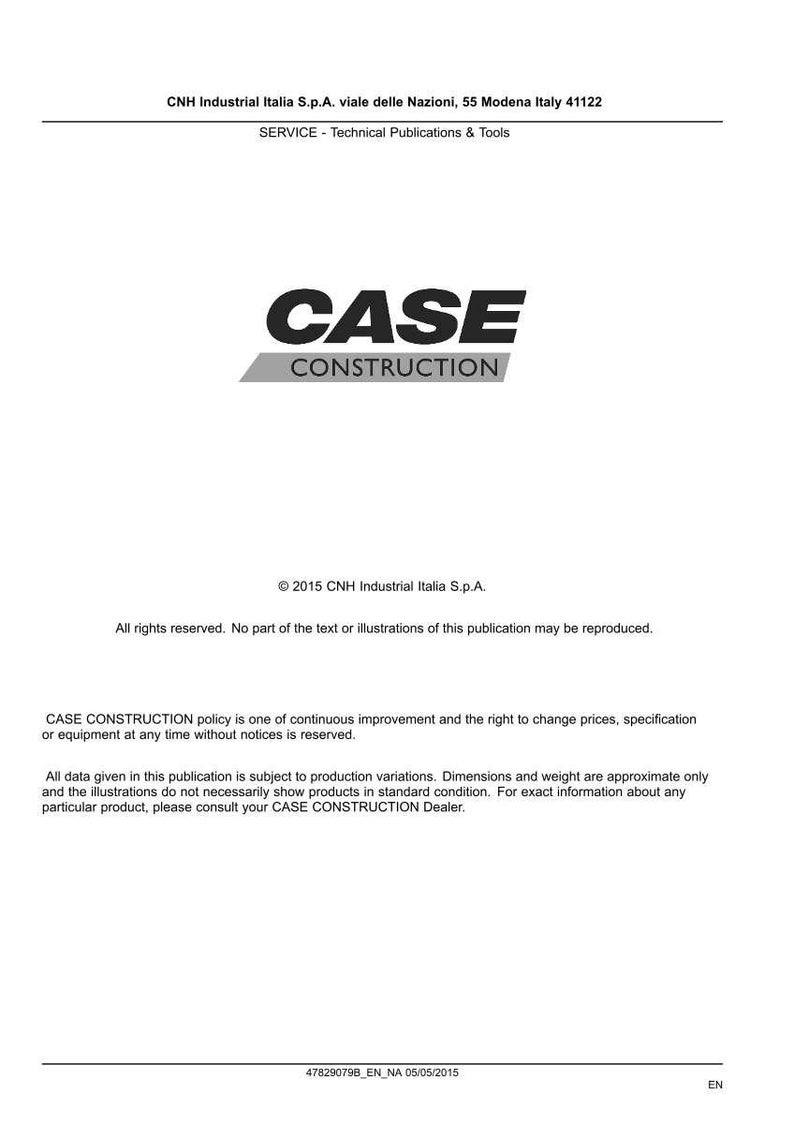 May include: A white document with the text "CASE CONSTRUCTION" in bold black letters above a gray banner. The document includes the CNH Industrial Italia S.p.A. logo and copyright information. The document is a technical publication.