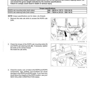 Puede incluir: Una p&aacute;gina de mantenimiento t&eacute;cnico titulada ROPS cab torque specifications. Incluye una advertencia sobre riesgos de vuelco, una tabla con valores de par en N&middot;m y lb ft, y dos diagramas de l&iacute;neas que muestran la ubicaci&oacute;n de los pernos.
