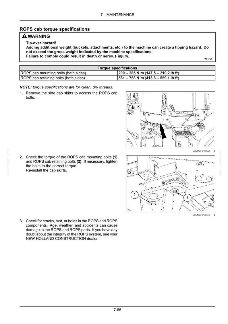 Puede incluir: Una p&aacute;gina de mantenimiento t&eacute;cnico titulada ROPS cab torque specifications. Incluye una advertencia sobre riesgos de vuelco, una tabla con valores de par en N&middot;m y lb ft, y dos diagramas de l&iacute;neas que muestran la ubicaci&oacute;n de los pernos.