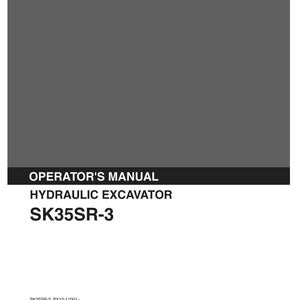 May include: A gray and black operator's manual for a Kobelco SK35SR-3 hydraulic excavator. The cover features the Kobelco logo, the text OPERATOR'S MANUAL, HYDRAULIC EXCAVATOR, SK35SR-3, and the document codes SK35SR-3 PX12-11001- and S2PX00009ZE-01 NA.