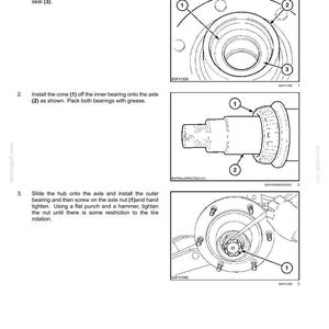 May include: Diagrams illustrating wheel assembly steps, including pressing a cup into the hub, installing a seal, and installing a cone onto the axle. Instructions detail packing bearings with grease and tightening the axle nut.