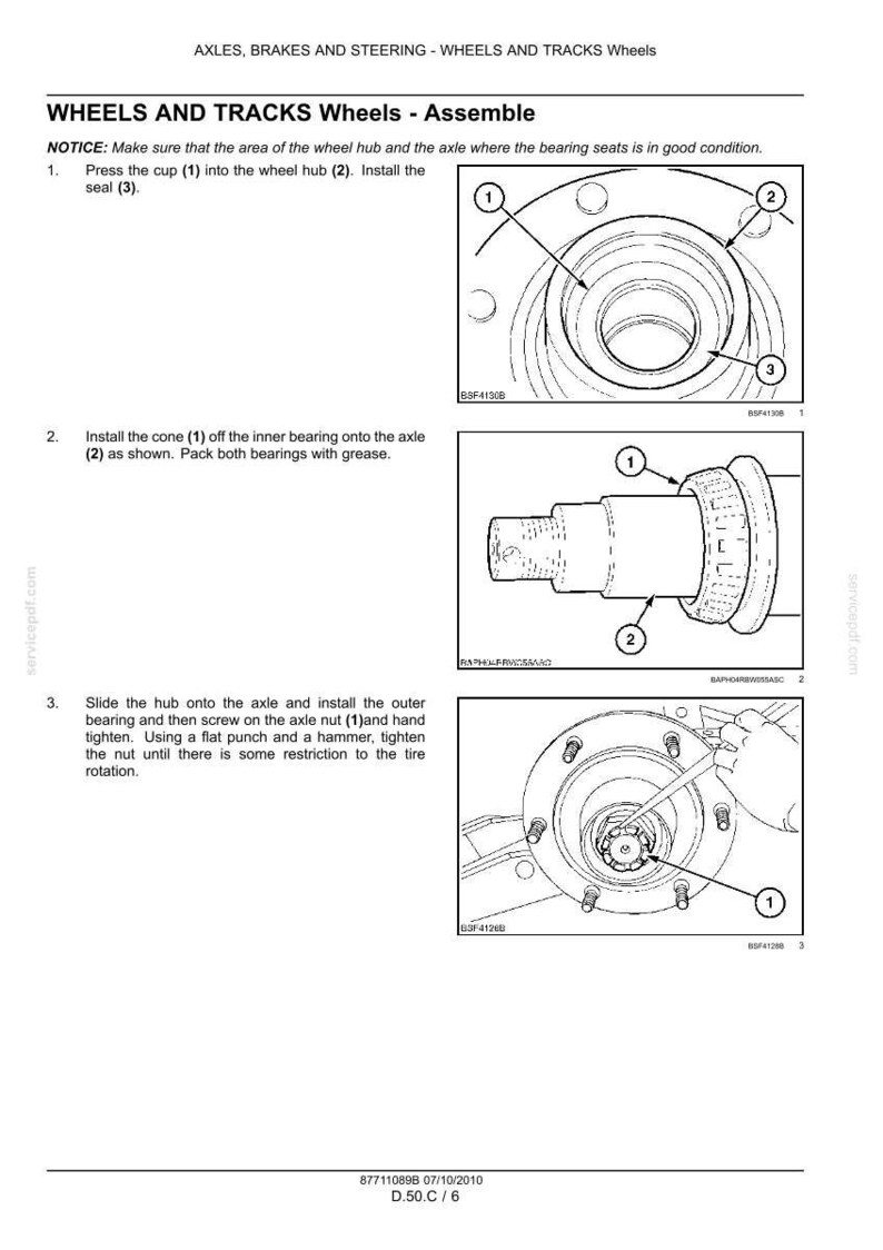 May include: Diagrams illustrating wheel assembly steps, including pressing a cup into the hub, installing a seal, and installing a cone onto the axle. Instructions detail packing bearings with grease and tightening the axle nut.