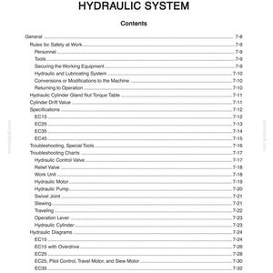 May include: A black and white document page titled SECTION 7 HYDRAULIC SYSTEM. The text lists contents including General, Rules for Safety at Work, Specifications for EC15, EC25, EC35, EC45, Troubleshooting, and Hydraulic Diagrams with page numbers.