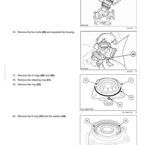 May include: Diagram of pneumatic service brake components with numbered steps for disassembly. Includes illustrations of removing the piston, bolts, O-rings, retaining ring, ring, and washer. Text instructions accompany each step.