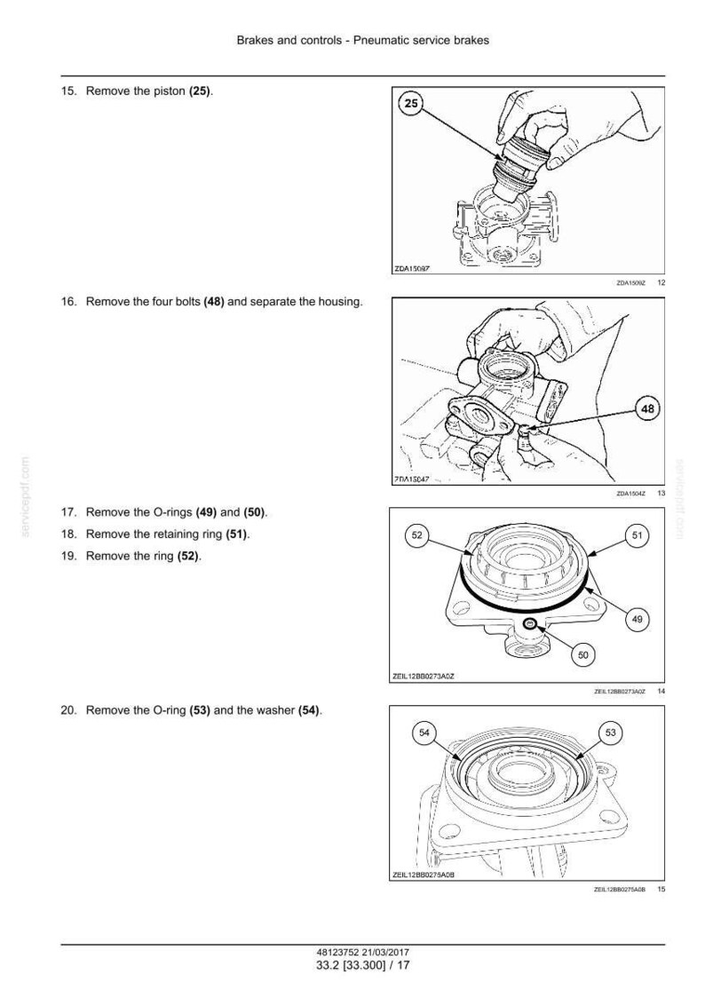May include: Diagram of pneumatic service brake components with numbered steps for disassembly. Includes illustrations of removing the piston, bolts, O-rings, retaining ring, ring, and washer. Text instructions accompany each step.