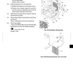 May include: Diagram of a radiator disassembly process, including steps for draining water and hydraulic oil. The image includes detailed illustrations of components like hoses, clips, and the oil cooler, with measurements in millimeters and a weight of 10 kg.