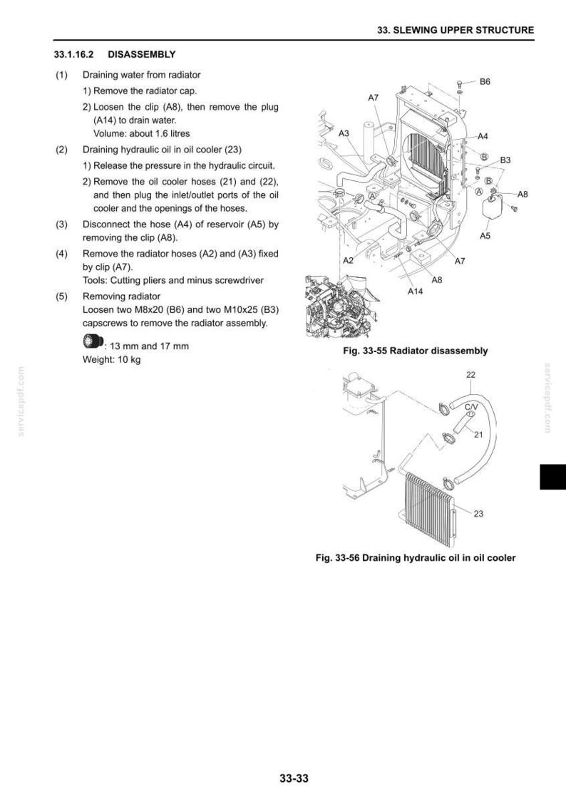 May include: Diagram of a radiator disassembly process, including steps for draining water and hydraulic oil. The image includes detailed illustrations of components like hoses, clips, and the oil cooler, with measurements in millimeters and a weight of 10 kg.