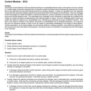 Puede incluir: Documento de diagn&oacute;stico que detalla los c&oacute;digos de falla para el sistema de inyecci&oacute;n de un motor. El texto describe los c&oacute;digos de error, las posibles fallas y las soluciones, incluida la verificaci&oacute;n del cableado y el reemplazo de componentes. Incluye esquemas de cableado.