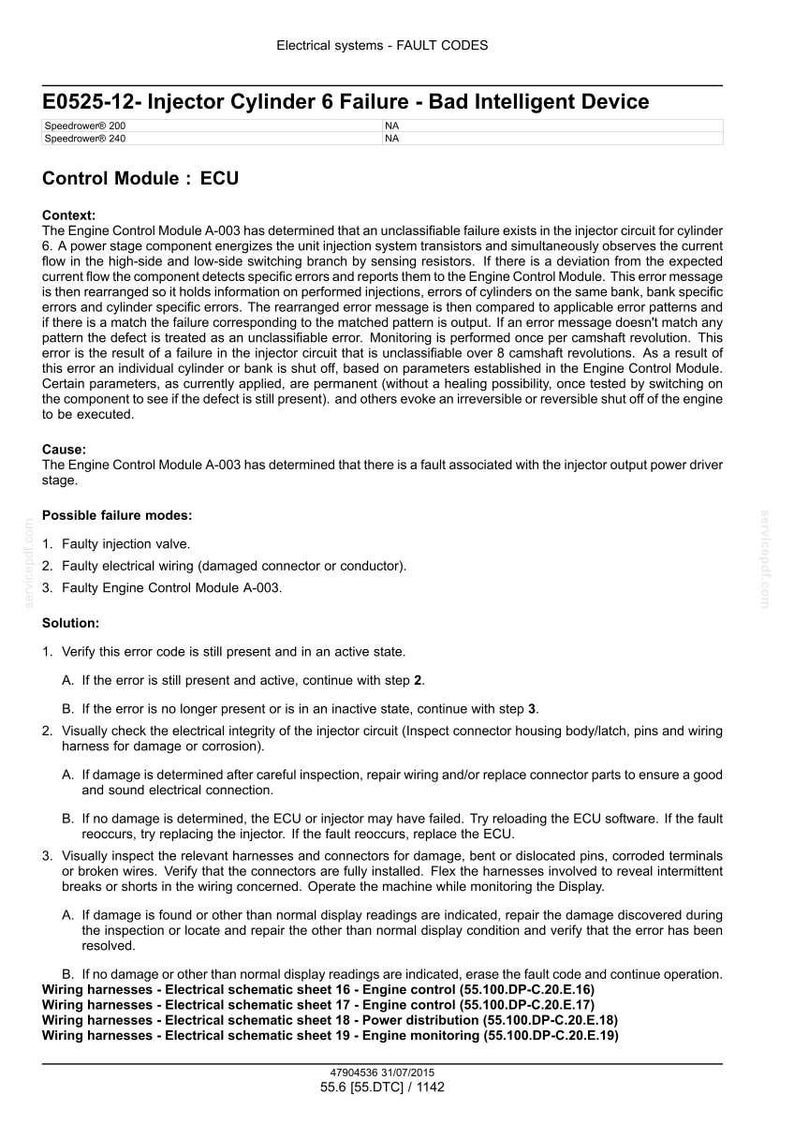 Puede incluir: Documento de diagn&oacute;stico que detalla los c&oacute;digos de falla para el sistema de inyecci&oacute;n de un motor. El texto describe los c&oacute;digos de error, las posibles fallas y las soluciones, incluida la verificaci&oacute;n del cableado y el reemplazo de componentes. Incluye esquemas de cableado.