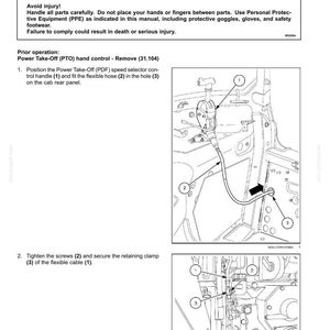 May include: Diagram illustrating the installation of a Power Take-Off (PTO) hand control. It details the fitting of a speed selector control handle and flexible hose on a cab rear panel. Includes safety warnings.