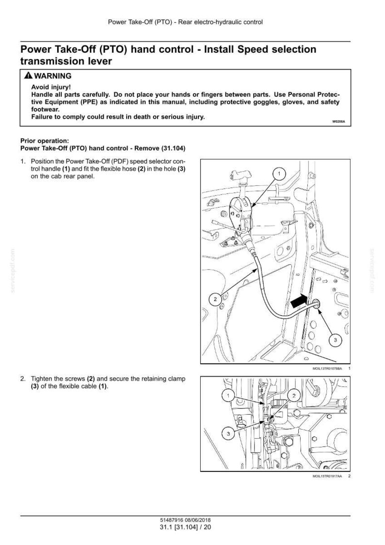 May include: Diagram illustrating the installation of a Power Take-Off (PTO) hand control. It details the fitting of a speed selector control handle and flexible hose on a cab rear panel. Includes safety warnings.