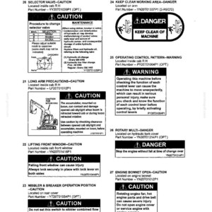 May include: A technical document page titled Section I - SAFETY PRECAUTIONS, featuring black text and warning labels for heavy machinery. It includes specific instructions for selector valves, long arm precautions, and engine bonnet safety warnings.