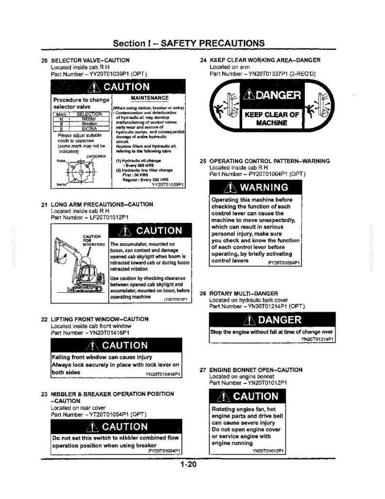 May include: A technical document page titled Section I - SAFETY PRECAUTIONS, featuring black text and warning labels for heavy machinery. It includes specific instructions for selector valves, long arm precautions, and engine bonnet safety warnings.