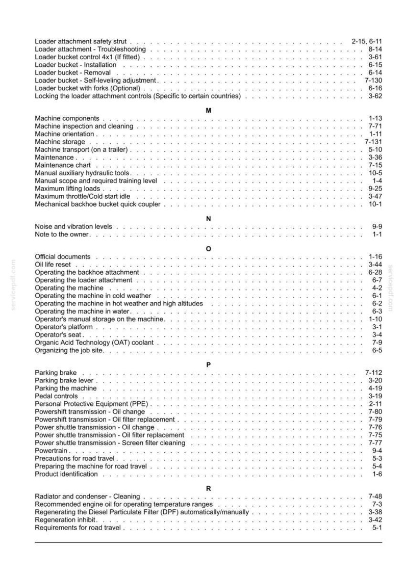 May include: A detailed contents page from a manual, listing topics such as machine components, maintenance, and operating procedures. The text is black on white, with page numbers.