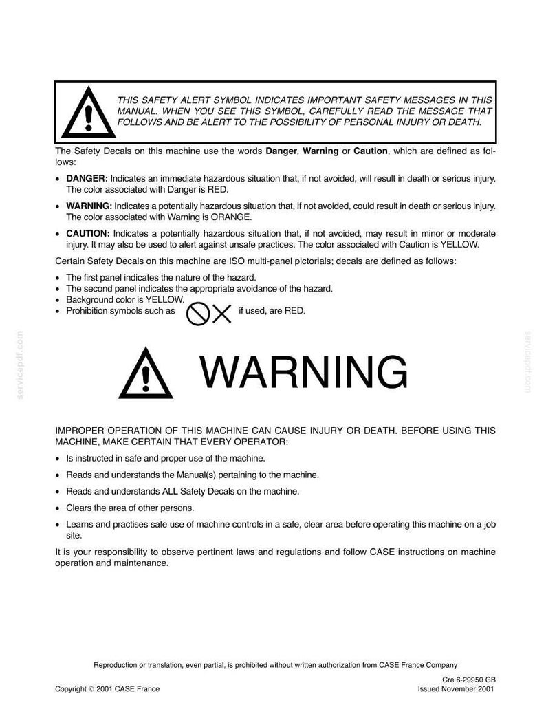 May include: A white document with black text, including safety warnings and instructions. The document features a large warning symbol and the word "WARNING" in bold. It provides safety information for machine operation.
