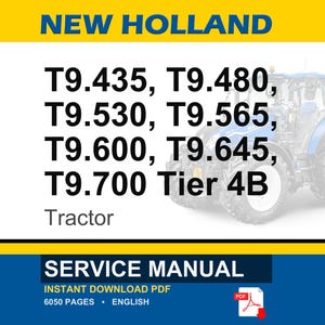 Op de afbeelding: Afbeelding van een blauw-witte tractor met de tekst "NEW HOLLAND" bovenaan. Daaronder staan de modelnummers T9.435, T9.480, T9.530, T9.565, T9.600, T9.645 en T9.700 Tier 4B. Het woord "Tractor" is ook aanwezig.