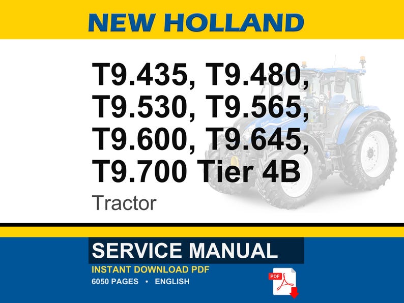 Op de afbeelding: Afbeelding van een blauw-witte tractor met de tekst "NEW HOLLAND" bovenaan. Daaronder staan de modelnummers T9.435, T9.480, T9.530, T9.565, T9.600, T9.645 en T9.700 Tier 4B. Het woord "Tractor" is ook aanwezig.