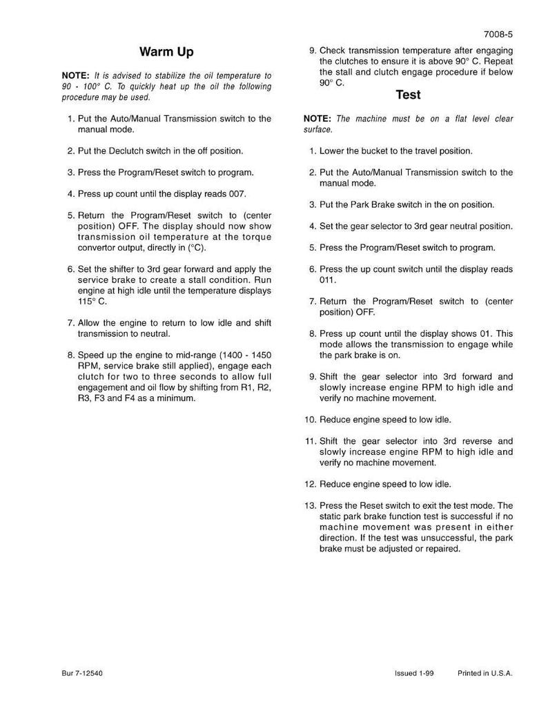 May include: A printed page with instructions for a machine's warm-up and test procedures. The text includes steps for adjusting switches, checking temperatures, and verifying machine functions. The document is labeled with the number 7008-5.