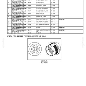 以下が含まれることがあります： 電気系統のハーネスとコネクタの図で、X-BTM_FEH-BOTTOM TO FRONT EH (87700160)とラベル付けされたプラグが含まれています。プラグは黒色で、複数のピンレセプタクルがあります。図には、さまざまな接続の詳細が記載されています。