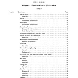 Pode incluir: Uma p&aacute;gina impressa de um manual, intitulada "SECTION 10 - ENGINE" e "Chapter 1 - Engine Systems (Continued)". O &iacute;ndice lista componentes do motor como pist&otilde;es, cambota e &aacute;rvore de cames, com n&uacute;meros de p&aacute;gina.