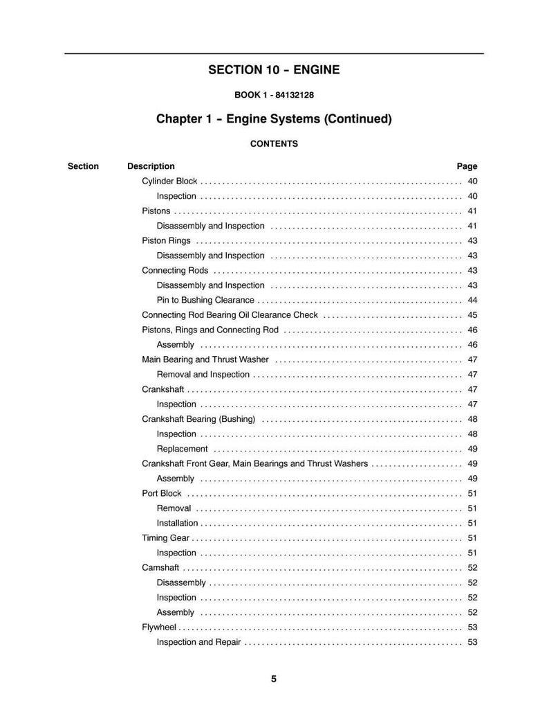 Pode incluir: Uma p&aacute;gina impressa de um manual, intitulada "SECTION 10 - ENGINE" e "Chapter 1 - Engine Systems (Continued)". O &iacute;ndice lista componentes do motor como pist&otilde;es, cambota e &aacute;rvore de cames, com n&uacute;meros de p&aacute;gina.