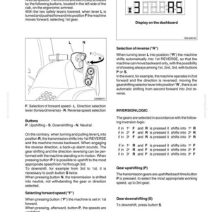 Puede incluir: P&aacute;gina de un manual con diagramas y texto que explica el cambio de marchas de una m&aacute;quina. Incluye una pantalla del salpicadero, posiciones de palanca y funciones de bot&oacute;n para las marchas hacia adelante, atr&aacute;s y neutras. El texto describe el funcionamiento de la m&aacute;quina.