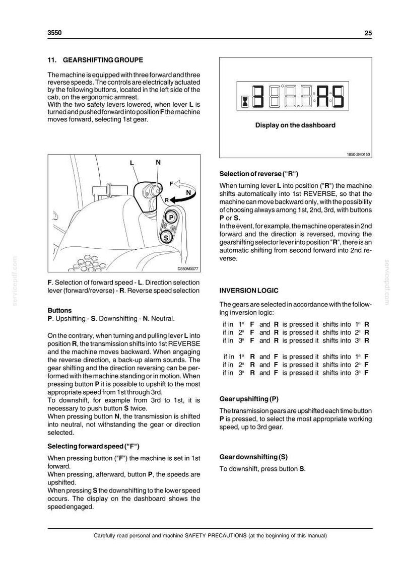 Puede incluir: P&aacute;gina de un manual con diagramas y texto que explica el cambio de marchas de una m&aacute;quina. Incluye una pantalla del salpicadero, posiciones de palanca y funciones de bot&oacute;n para las marchas hacia adelante, atr&aacute;s y neutras. El texto describe el funcionamiento de la m&aacute;quina.
