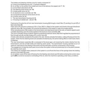 May include: A page from a manual detailing the components of brakes and steering clutches. The text describes the circuit, including the dual circuit feeding pump, oil filter, and steering clutch levers. The document includes diagrams and technical specifications.