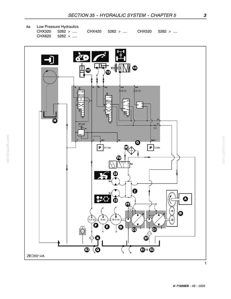 May include: A detailed diagram of a hydraulic system, featuring various components and symbols. The diagram includes text labels, pressure indicators, and flow lines, with the title "SECTION 35 - HYDRAULIC SYSTEM - CHAPTER 5".