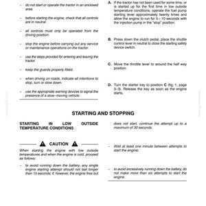 May include: A technical document page titled SECTION 3 - FIELD OPERATION, containing instructions for starting a tractor engine. It includes safety warnings, procedures for starting in low temperatures, and steps for operating the engine controls.