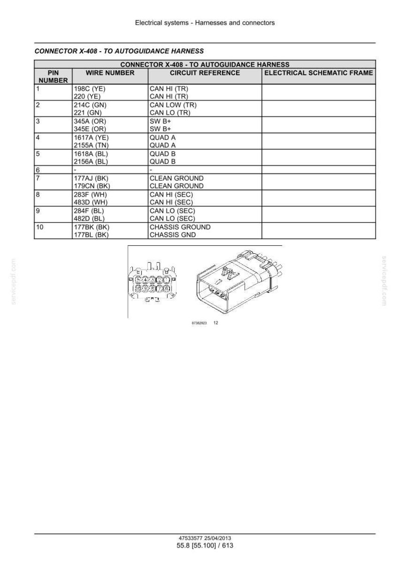 Op de afbeelding: Diagram van een connector en kabelboom, getiteld 'Connector X-408 - Voor autoguidance kabelboom'. Bevat een tabel met pinnummers, draadnummers en circuitreferenties. Een gedetailleerde schematische weergave van de connector is ook afgebeeld.