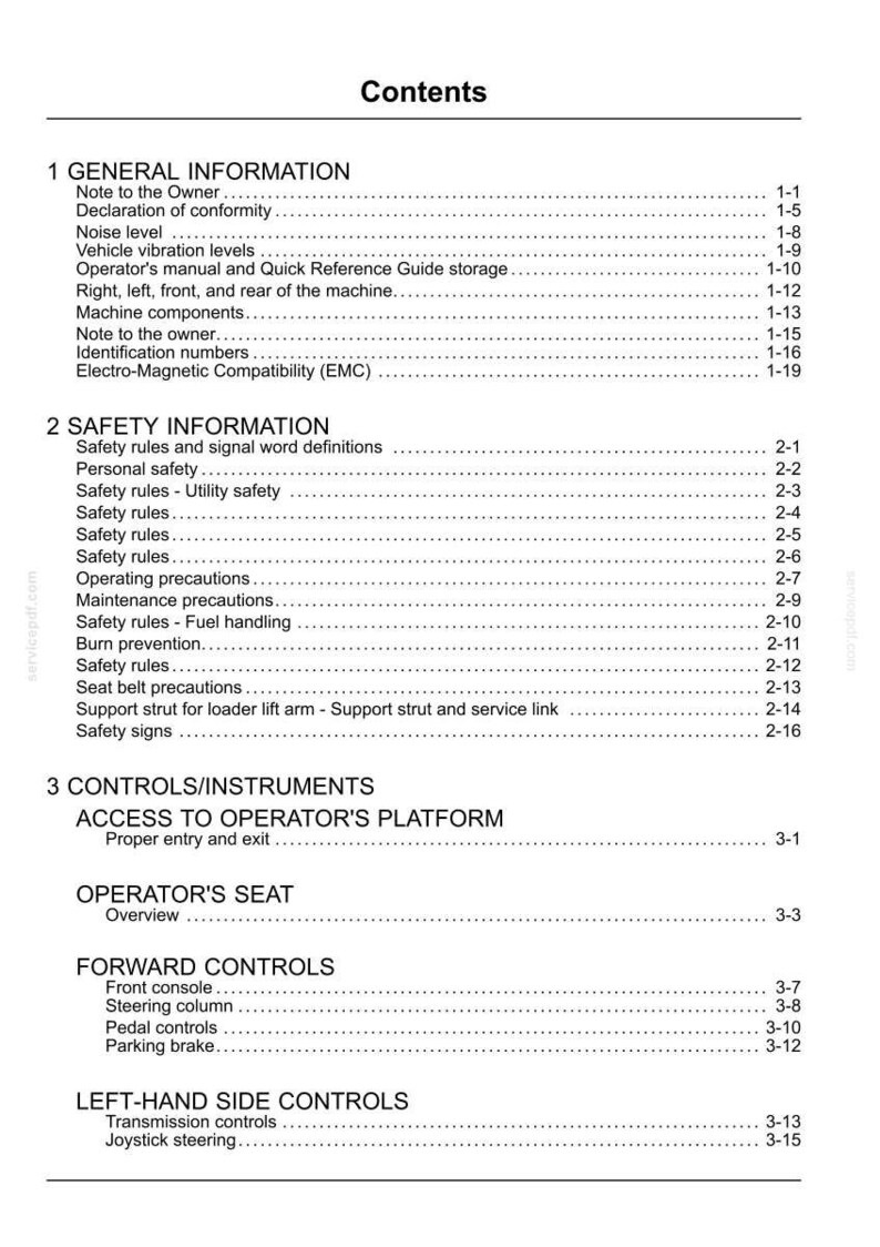 May include: A white document titled "Contents" with a detailed table of contents. Sections include General Information, Safety Information, and Controls/Instruments. The document is likely a manual or guide.