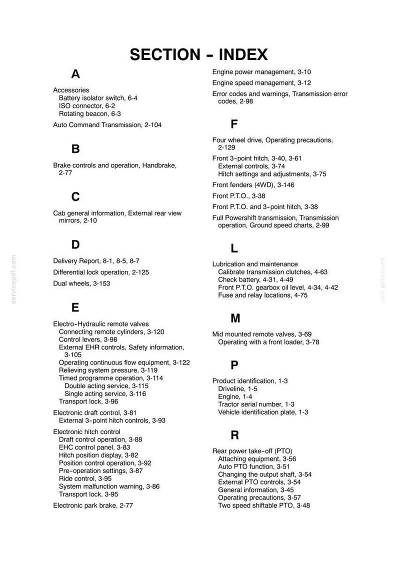 Peut inclure: Une page d'index de manuel technique intitul&eacute;e SECTION - INDEX, listant des cat&eacute;gories alphab&eacute;tiques de A &agrave; R. Elle inclut des sous-rubriques comme Accessoires, commandes de frein, informations de cabine, rapport de livraison et gestion moteur.