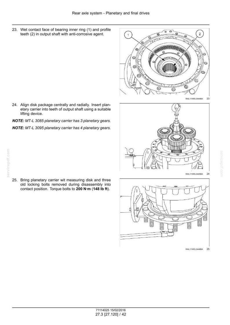 May include: Technical diagram of a rear axle system with planetary and final drives. The image shows detailed illustrations of mechanical components, including gears, bearings, and bolts. Text provides assembly instructions and torque specifications, with measurements in lb ft.