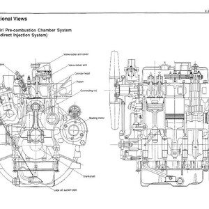 K&ouml;nnte beinhalten: Detaillierte Querschnittsansichten eines Motors, mit Komponenten wie Einspritzventil, Kolben und Kurbelwelle. Der Text lautet "Special Swirl Pre-combustion Chamber System (Indirect Injection System)". Das Bild ist in Schwarzwei&szlig;.