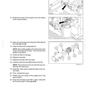May include: Diagram of fuel system maintenance steps. Includes illustrations of valves, filters, and seals. Instructions detail positioning valves, extracting filters, cleaning parts with compressed air, and reassembling the pump.