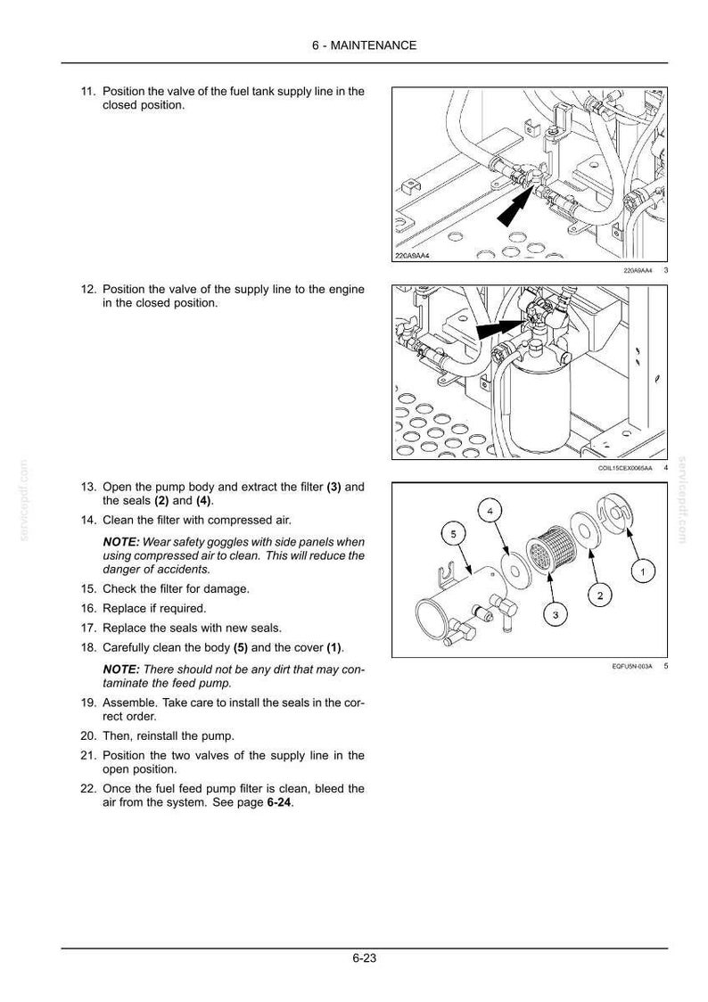 May include: Diagram of fuel system maintenance steps. Includes illustrations of valves, filters, and seals. Instructions detail positioning valves, extracting filters, cleaning parts with compressed air, and reassembling the pump.