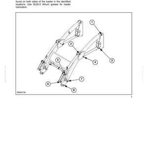 Peut inclure: Un sch&eacute;ma technique intitul&eacute; SECTION 3 - LUBRICATION montrant un ch&acirc;ssis de chargeur avec 16 points de graissage. L'illustration comporte des fl&egrave;ches num&eacute;rot&eacute;es pointant vers des emplacements sp&eacute;cifiques sur la structure m&eacute;tallique avec des instructions.