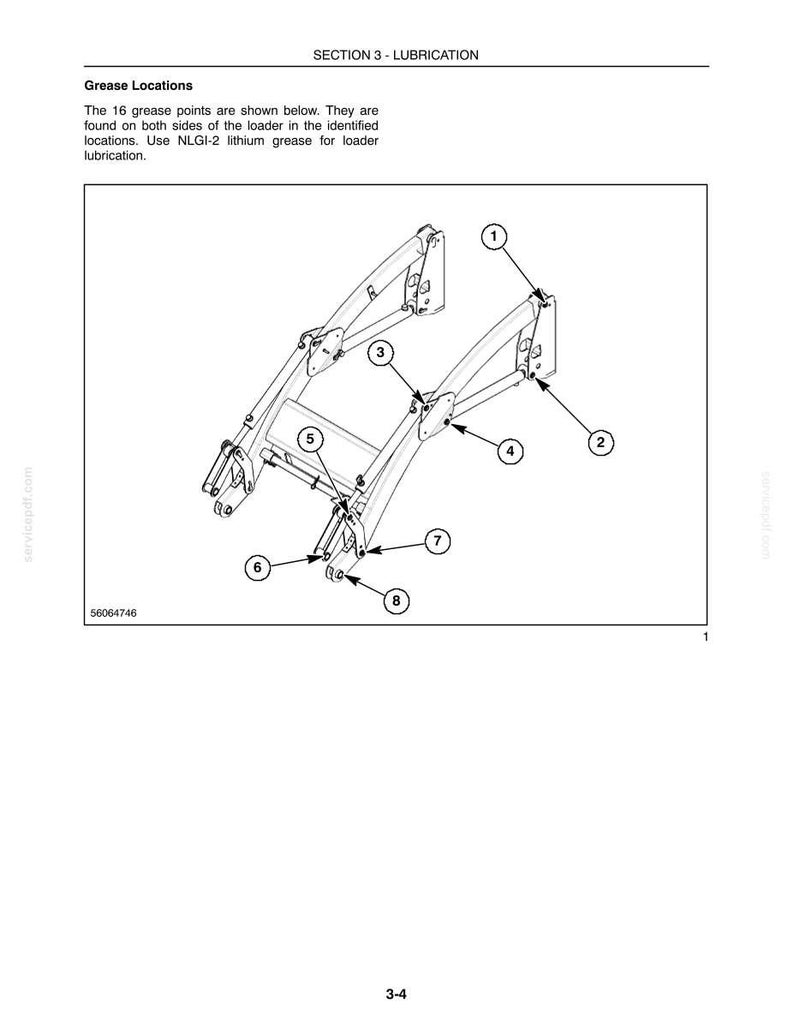Peut inclure: Un sch&eacute;ma technique intitul&eacute; SECTION 3 - LUBRICATION montrant un ch&acirc;ssis de chargeur avec 16 points de graissage. L'illustration comporte des fl&egrave;ches num&eacute;rot&eacute;es pointant vers des emplacements sp&eacute;cifiques sur la structure m&eacute;tallique avec des instructions.