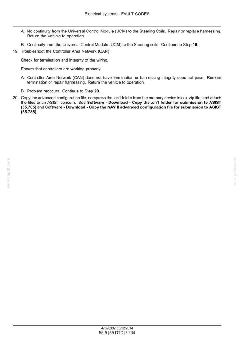 May include: A white document titled "Electrical systems - FAULT CODES" with troubleshooting steps for vehicle electrical systems. Includes instructions for the Universal Control Module (UCM) and Controller Area Network (CAN).