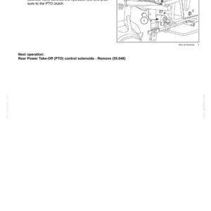 May include: Diagram of a rear power take-off (PTO) control system, with a detailed illustration of the solenoid valve (1) on the right side of the rear transmission housing. Text provides service instructions for the PTO clutch.