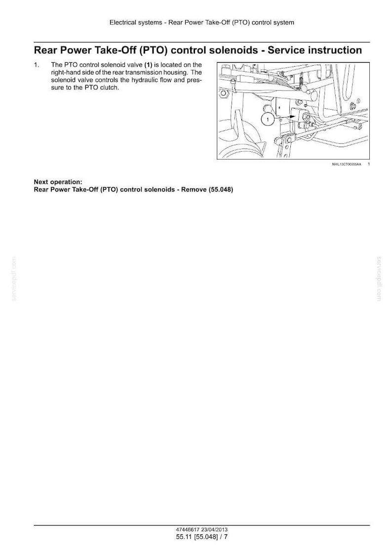 May include: Diagram of a rear power take-off (PTO) control system, with a detailed illustration of the solenoid valve (1) on the right side of the rear transmission housing. Text provides service instructions for the PTO clutch.