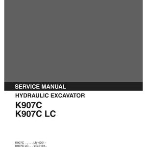 May include: A gray and black service manual for a Kobelco hydraulic excavator, models K907C and K907C LC. The cover features the Kobelco logo, the text Service Manual, Hydraulic Excavator, model numbers, and the issue date of 03-1985, S5LN0003E-01 NA.