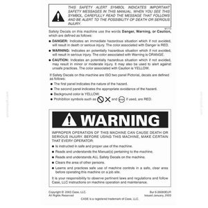 May include: A white document with black text detailing safety warnings and instructions for a machine. The document includes the words "Danger," "Warning," and "Caution," along with their associated colors and meanings. A warning symbol is prominently displayed.